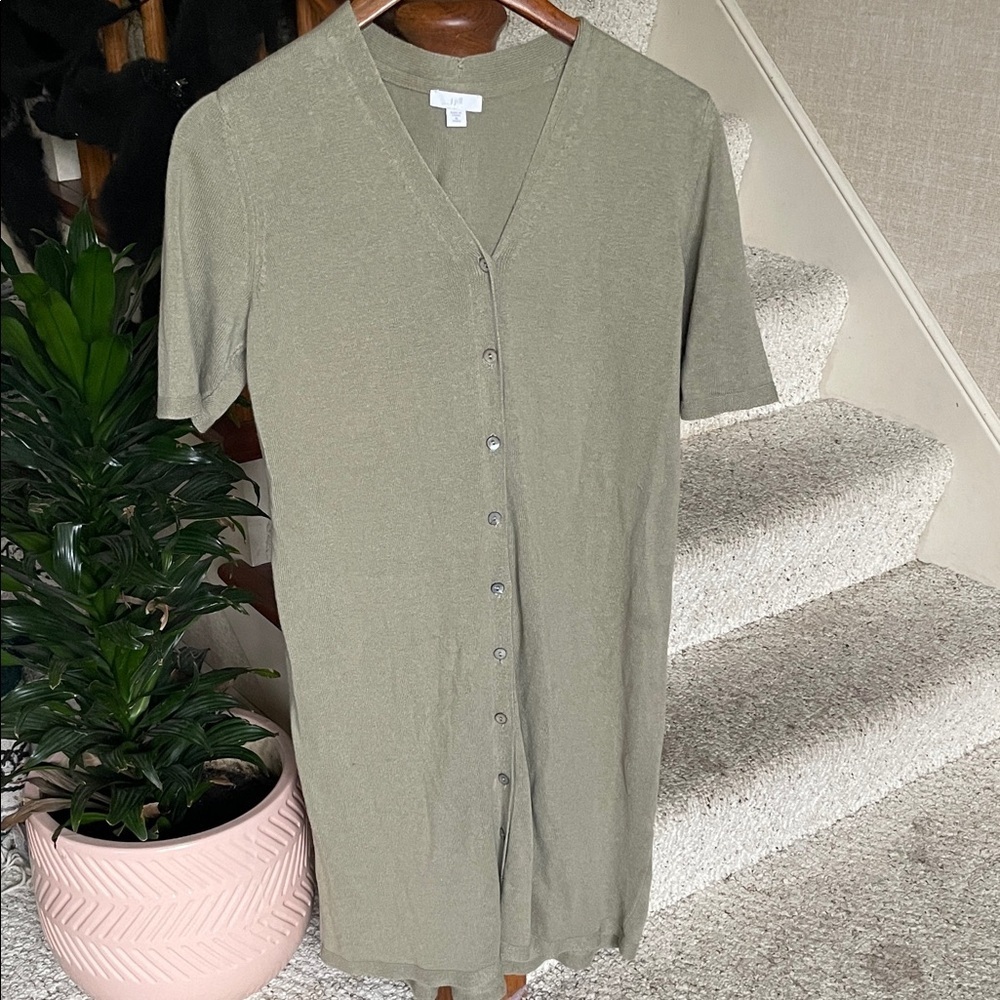 J Jill Olive Green Button-Up Linen Cottage Core Midi Dress